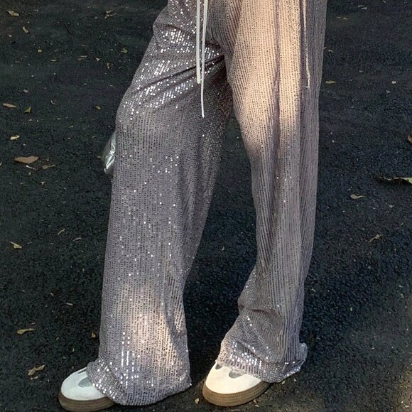 Silver Party Women's Patchwork Front Tie Casual Pants - Picture 4 of 5